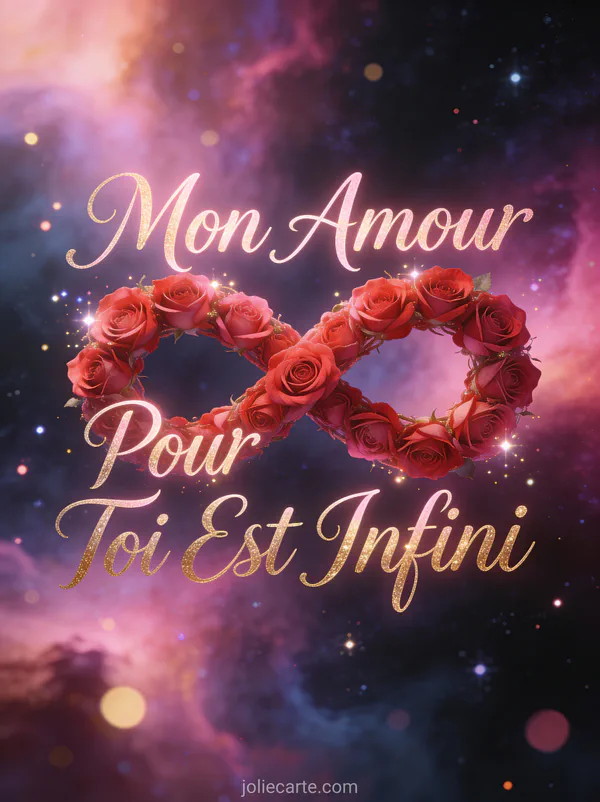 Symbole infini fait de roses rouges entrelacées sur fond cosmique étoilé avec texte Mon Amour Pour Toi Est Infini
