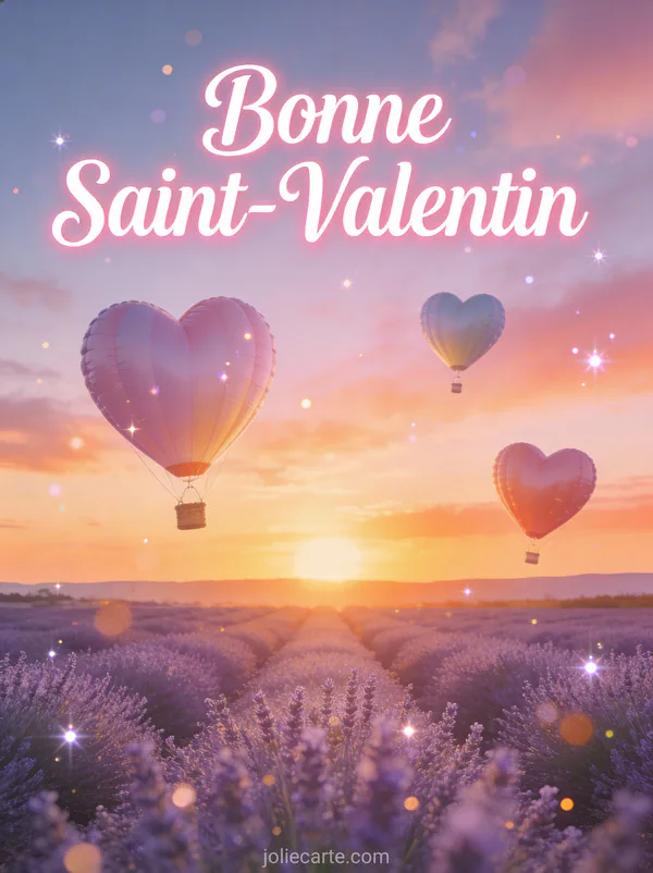 Coucher de soleil sur champ de lavande avec montgolfières cœur et texte Bonne Saint-Valentin