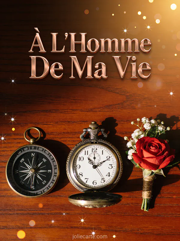Composition gentleman avec montre à gousset boussole et rose boutonnière sur bois acajou texte À L'Homme De Ma Vie cuivré