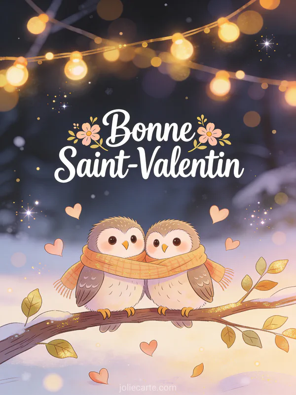 Deux chouettes adorables partageant une écharpe sur une branche avec feuilles cœur et texte Bonne Saint-Valentin
