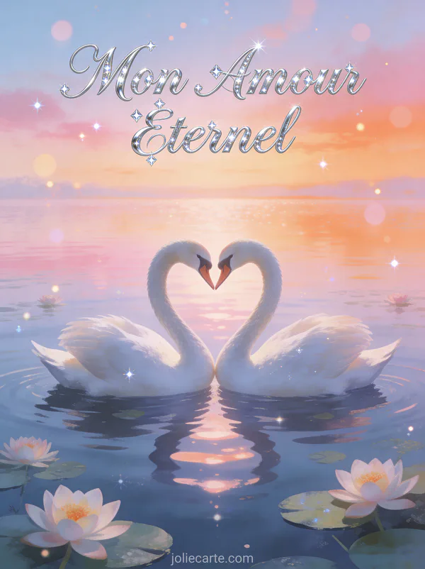 Deux cygnes blancs formant un cœur sur un lac à l'aube avec reflets roses et le texte Mon Amour Éternel