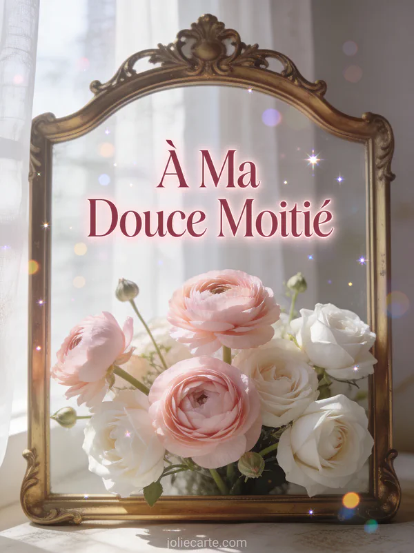 Arrangement de renoncules roses et roses blanches dans un cadre vintage avec le texte À Ma Douce Moitié