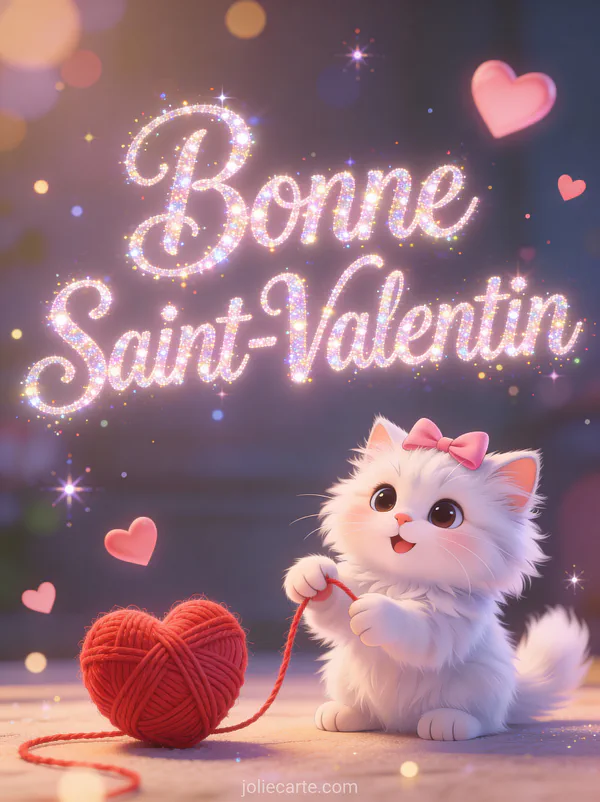 Chat persan blanc avec nœud rose jouant avec pelote cœur rouge et texte Bonne Saint-Valentin