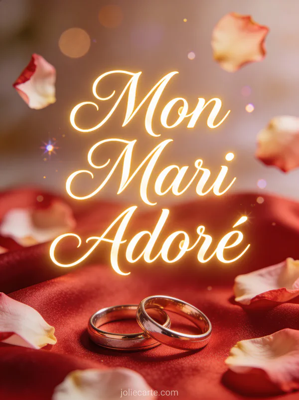 Deux alliances entrelacées sur soie rouge avec pétales de rose texte Mon Mari Adoré en lettres dorées