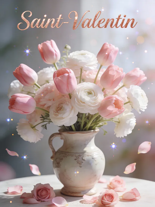 Bouquet de tulipes roses et renoncules blanches dans vase vintage avec texte Saint-Valentin