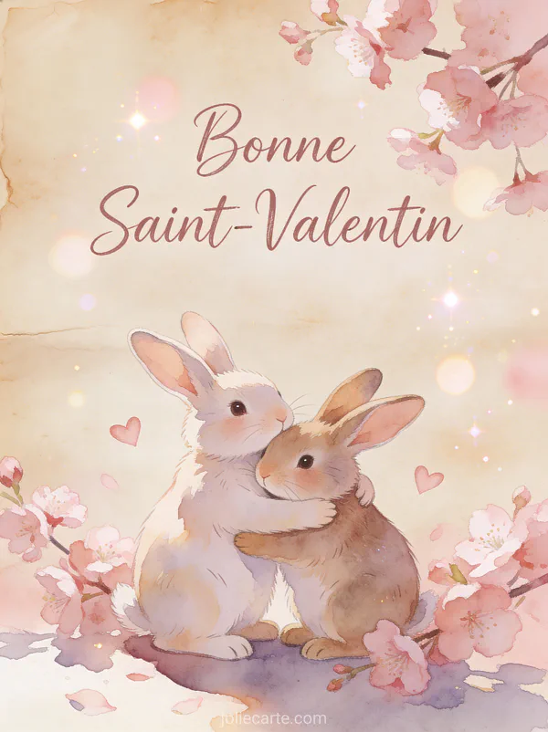 Deux lapins qui se câlinent entourés de cerisiers en fleurs et cœurs avec texte Bonne Saint-Valentin