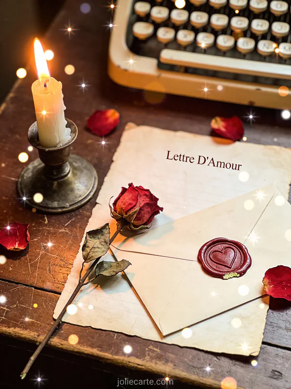 Lettre d'amour ancienne avec sceau de cire en forme de cœur et rose séchée sur bureau en bois à la lueur d'une bougie