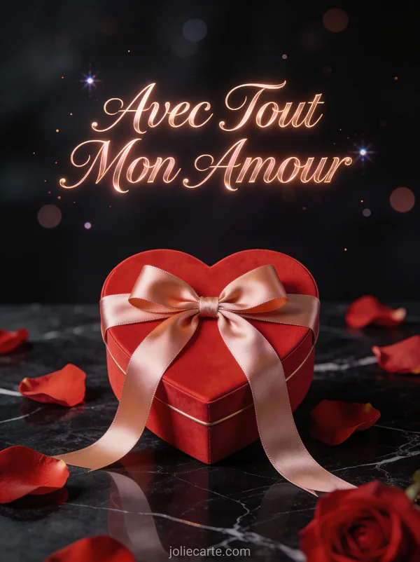 Coffret cadeau en forme de cœur rouge avec ruban satiné sur marbre noir entouré de pétales de rose texte Avec Tout Mon Amour