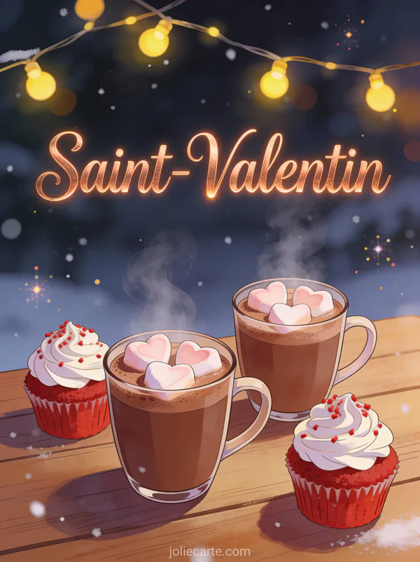 Deux tasses de chocolat chaud avec guimauves cœur et cupcakes rouges avec texte Saint-Valentin