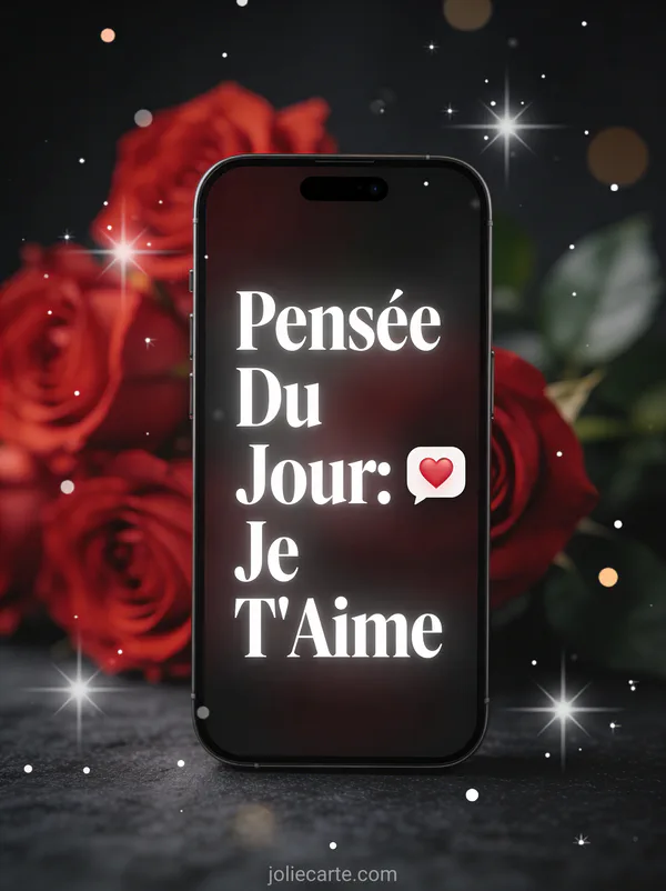 Écran de smartphone avec notification cœur sur fond sombre et roses floues texte Pensée Du Jour Je T'Aime en blanc