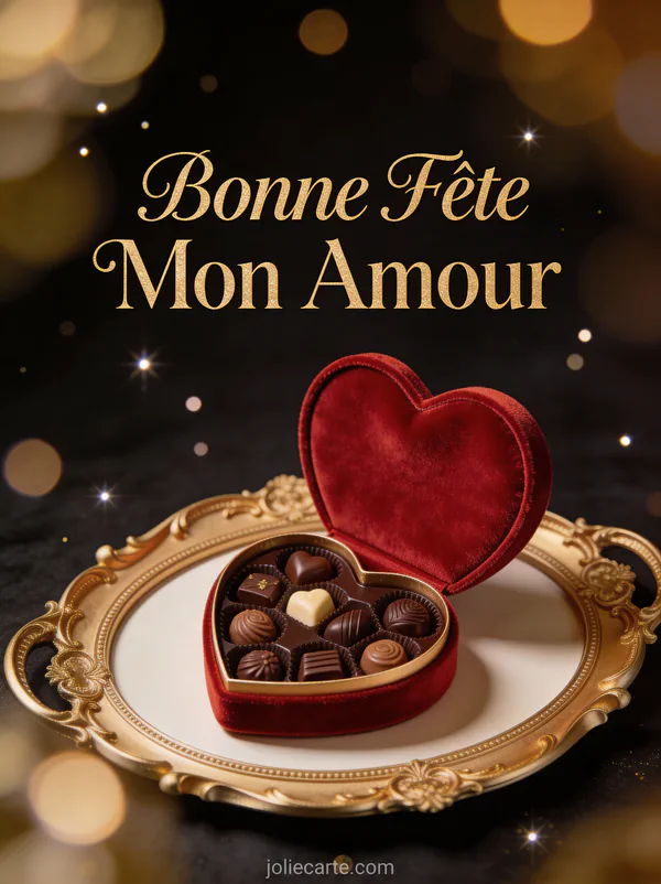 Boîte de chocolats en velours rouge en forme de cœur ouverte sur fond sombre avec accents dorés texte Bonne Fête Mon Amour