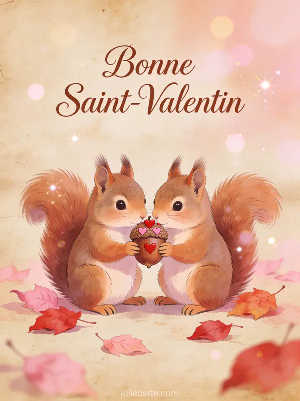 Deux écureuils partageant un gland avec petits cœurs et feuilles roses et texte Bonne Saint-Valentin