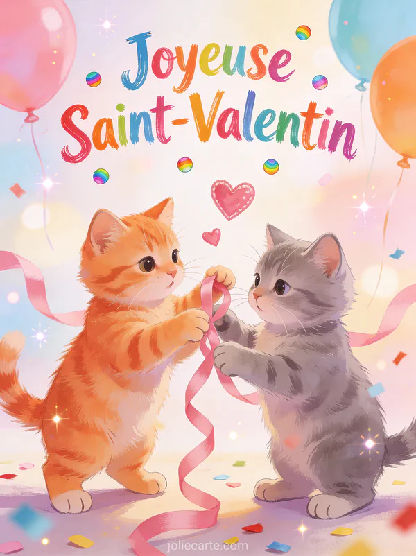 Deux chatons jouant avec ruban rose et décorations cœur avec texte Joyeuse Saint-Valentin