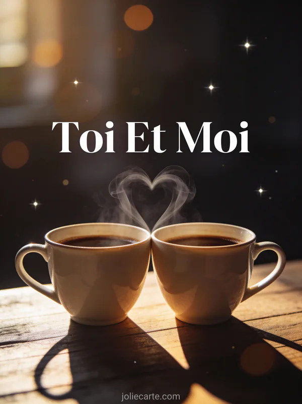 Deux tasses de café formant un cœur avec leur vapeur sur fond sombre texte Toi Et Moi en typographie blanche élégante