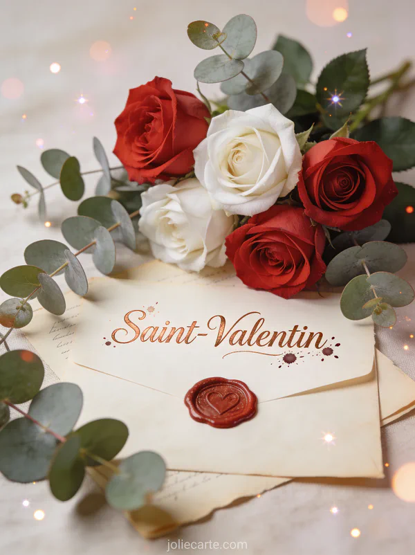 Roses rouges et blanches avec eucalyptus et lettre cachetée avec texte Saint-Valentin