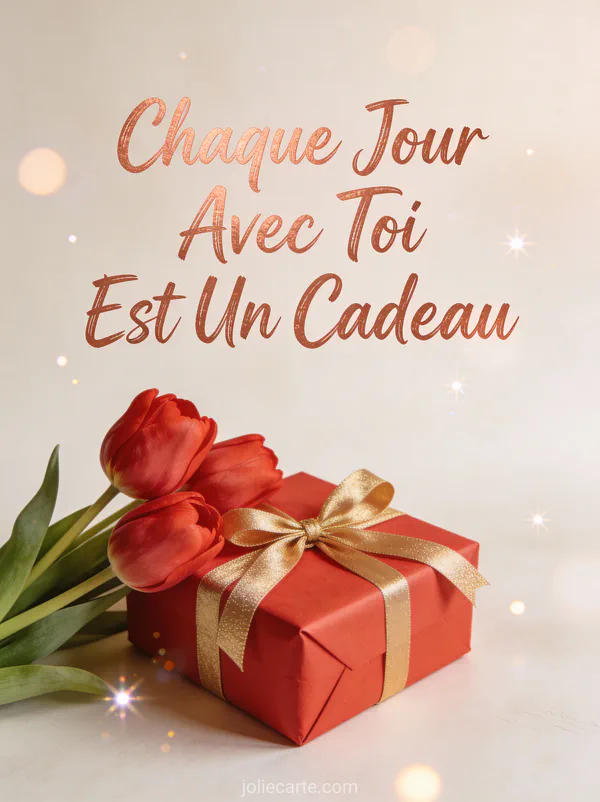 Cadeau emballé en papier rouge avec ruban doré et tulipes rouges fraîches texte Chaque Jour Avec Toi Est Un Cadeau cuivré