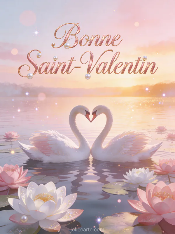 Deux cygnes formant un cœur avec nénuphars roses au coucher du soleil et texte Bonne Saint-Valentin
