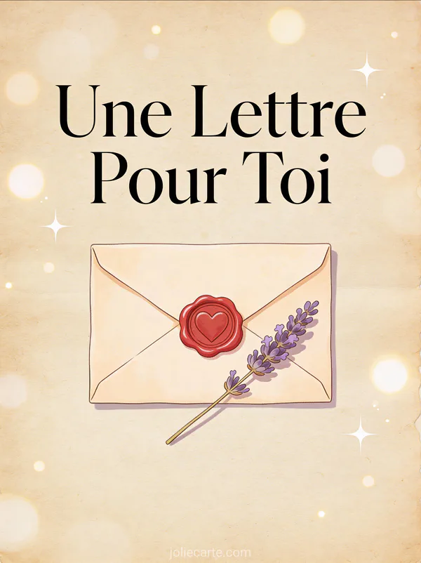 Enveloppe vintage avec sceau de cire rouge en cœur et brin de lavande séchée sur parchemin texte Une Lettre Pour Toi sépia