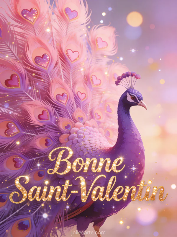 Paon majestueux aux plumes roses et violettes avec motifs cœur et texte Bonne Saint-Valentin