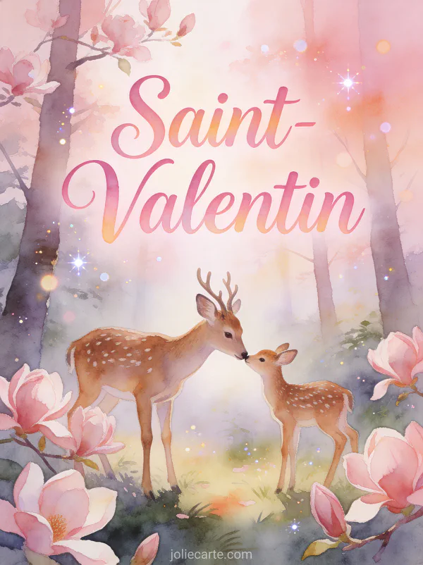 Biche et faon se touchant le nez parmi les magnolias roses dans la brume avec texte Saint-Valentin