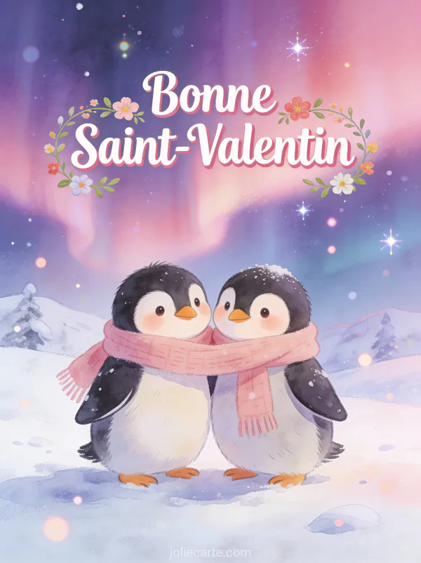 Deux pingouins adorables partageant une écharpe rose avec aurores boréales et texte Bonne Saint-Valentin