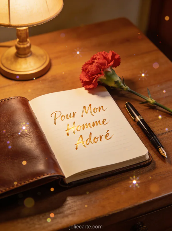 Journal en cuir vintage avec stylo et œillet rouge sur bureau en bois avec lampe douce texte Pour Mon Homme Adoré doré
