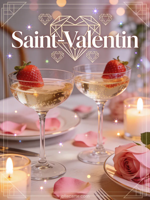 Flûtes de champagne avec fraises et pétales de roses avec bougies et texte Saint-Valentin