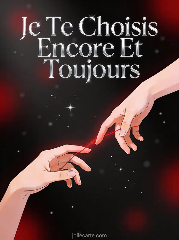 Deux mains se rejoignant reliées par un fil rouge du destin sur fond sombre avec accents rouges texte Je Te Choisis Encore Et Toujours