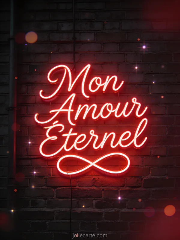 Symbole infini en néon rouge brillant sur mur de briques sombres texte Mon Amour Éternel en néon lumineux