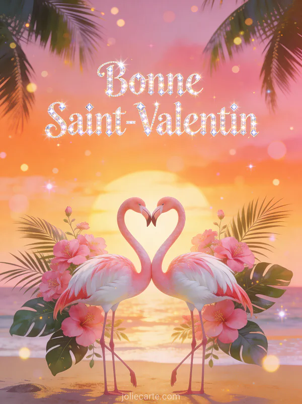 Deux flamants roses formant un cœur avec fleurs tropicales au coucher de soleil et texte Bonne Saint-Valentin