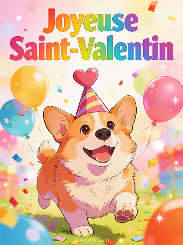 Corgi joyeux avec chapeau cœur et ballons colorés avec confettis et texte Joyeuse Saint-Valentin