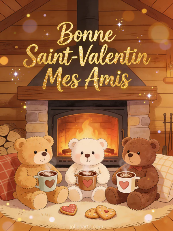 Trois oursons en peluche devant cheminée avec chocolat chaud et biscuits cœur et texte Bonne Saint-Valentin Mes Amis