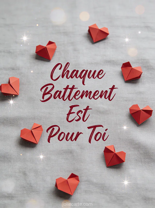 Cœurs en origami rouge dispersés sur tissu lin gris texte Chaque Battement Est Pour Toi en script rouge