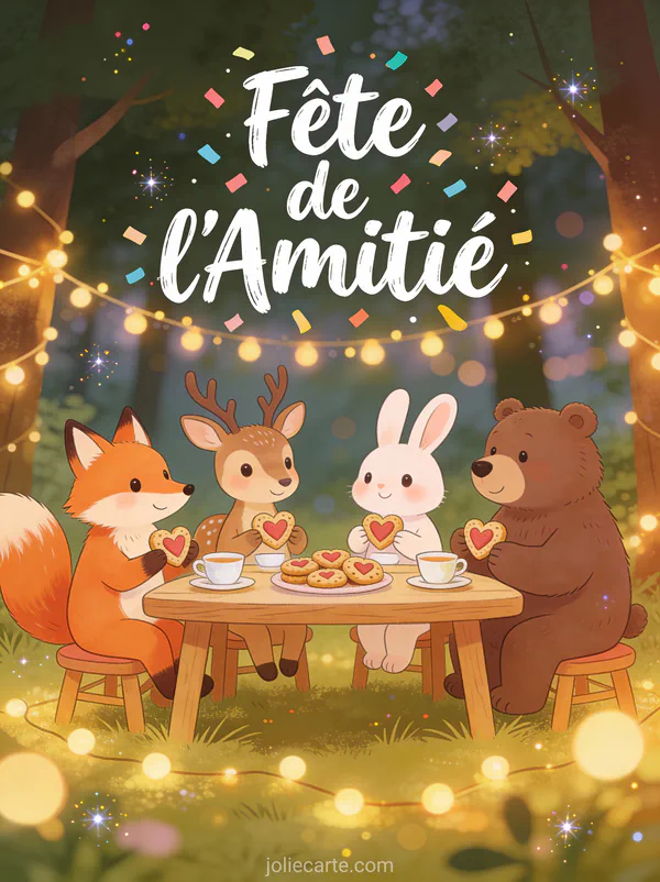 Animaux de la forêt en tea party avec friandises cœur et guirlandes et texte Fête de l'Amitié