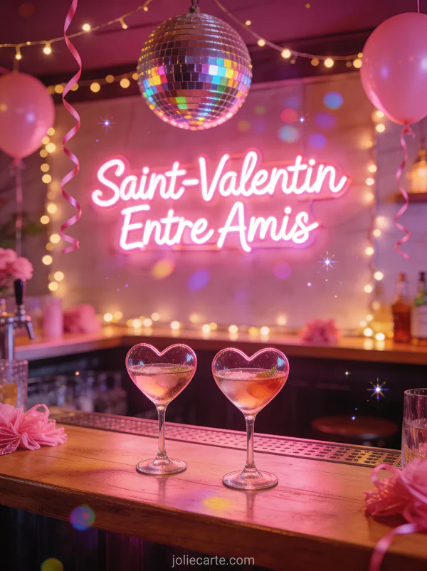 Cocktails roses dans verres cœur avec boule disco et guirlandes lumineuses et texte Saint-Valentin Entre Amis