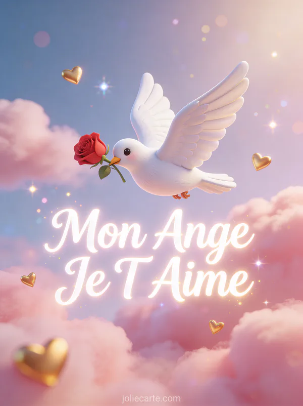 Colombe blanche cartoon portant une rose rouge parmi les nuages roses avec le texte Mon Ange Je T'Aime