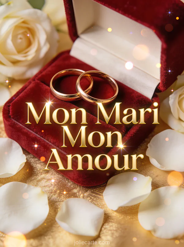 Deux alliances dorées entrelacées sur coussin velours rouge avec pétales de rose blancs texte Mon Mari Mon Amour doré
