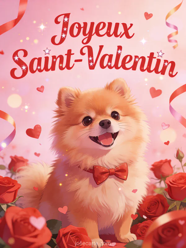 Poméranien adorable avec nœud papillon entouré de roses et confettis cœur et texte Joyeux Saint-Valentin