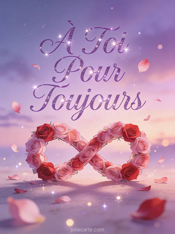 Symbole infini composé de roses roses et rouges entrelacées sur fond crépusculaire avec le texte À Toi Pour Toujours