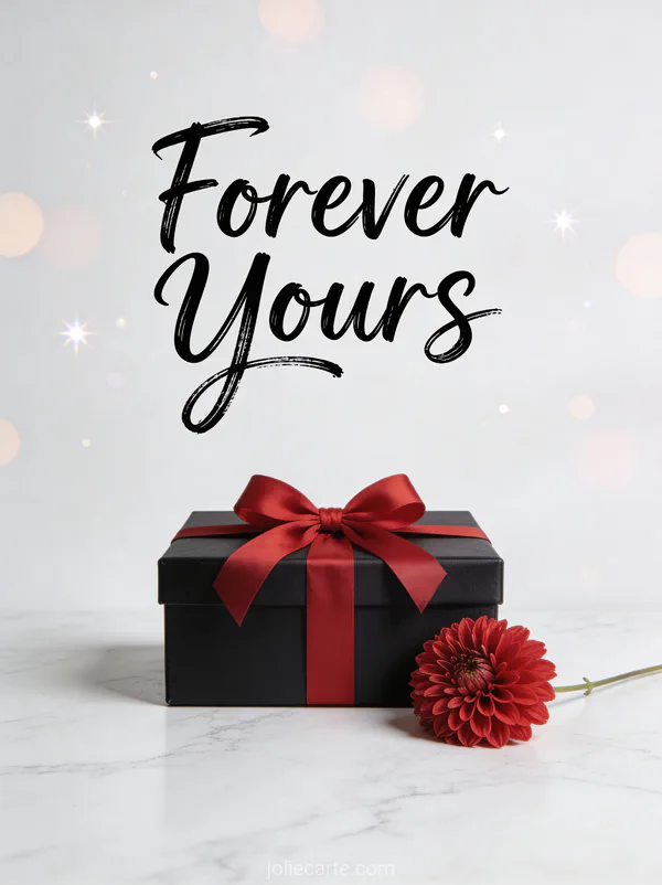 Coffret noir avec ruban rouge et dahlia rouge sur marbre blanc texte Forever Yours en calligraphie moderne noire