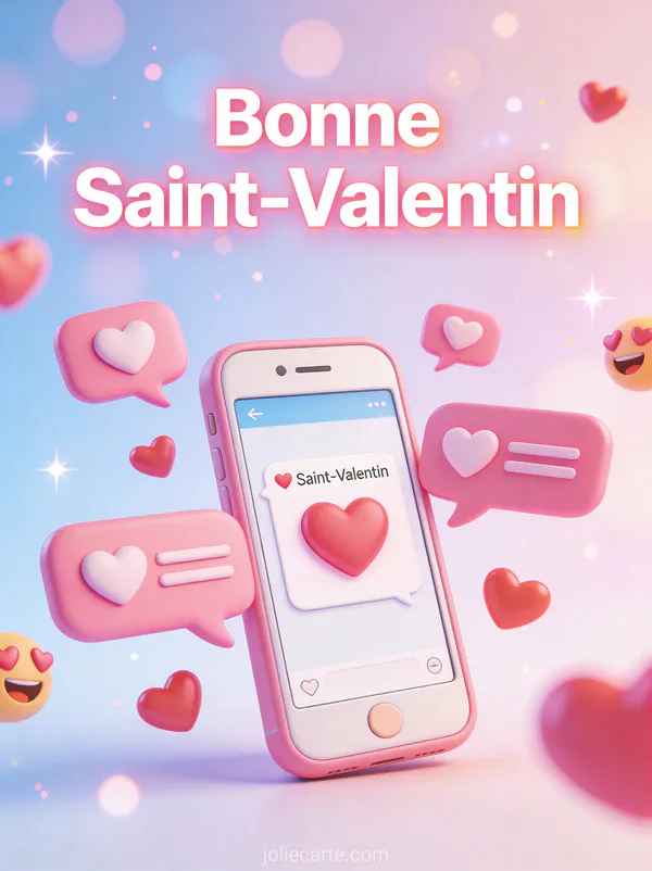Smartphone avec message cœur et bulles de conversation roses flottantes et texte Bonne Saint-Valentin