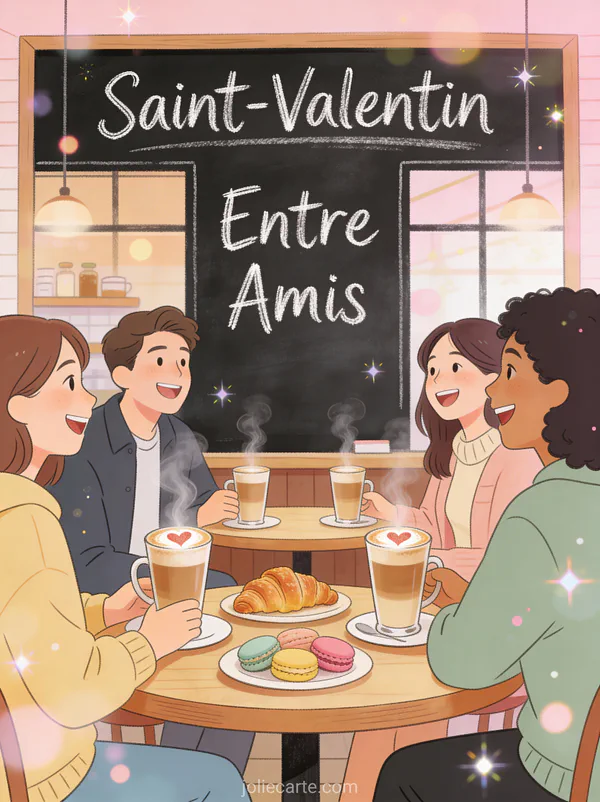 Scène de café avec lattes art cœur croissants et macarons style tableau noir et texte Saint-Valentin Entre Amis