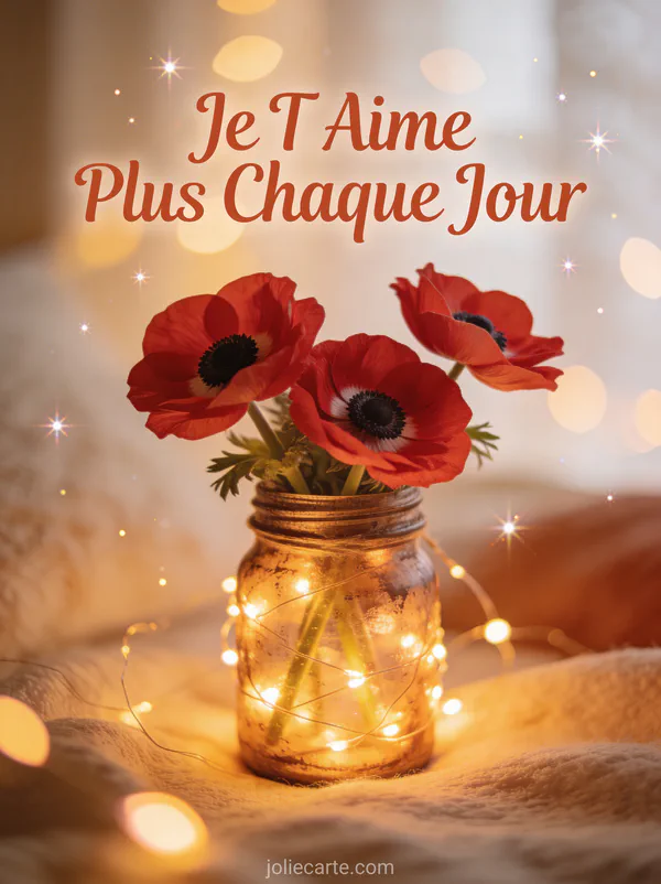 Bocal mason jar avec anémones rouges et guirlandes lumineuses dans ambiance maison cosy texte Je T'Aime Plus Chaque Jour terracotta