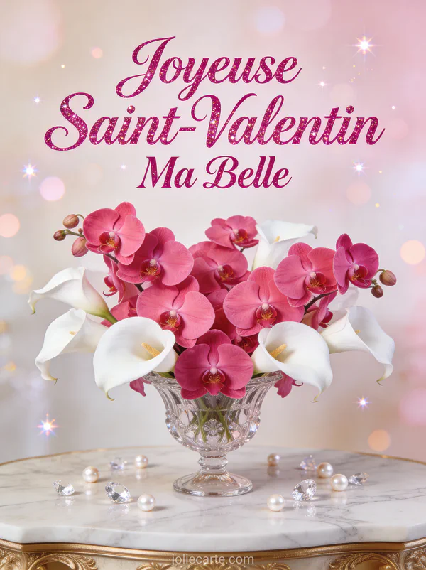 Arrangement d'orchidées roses et lys blancs dans un vase élégant avec perles et cristaux et le texte Joyeuse Saint-Valentin Ma Belle