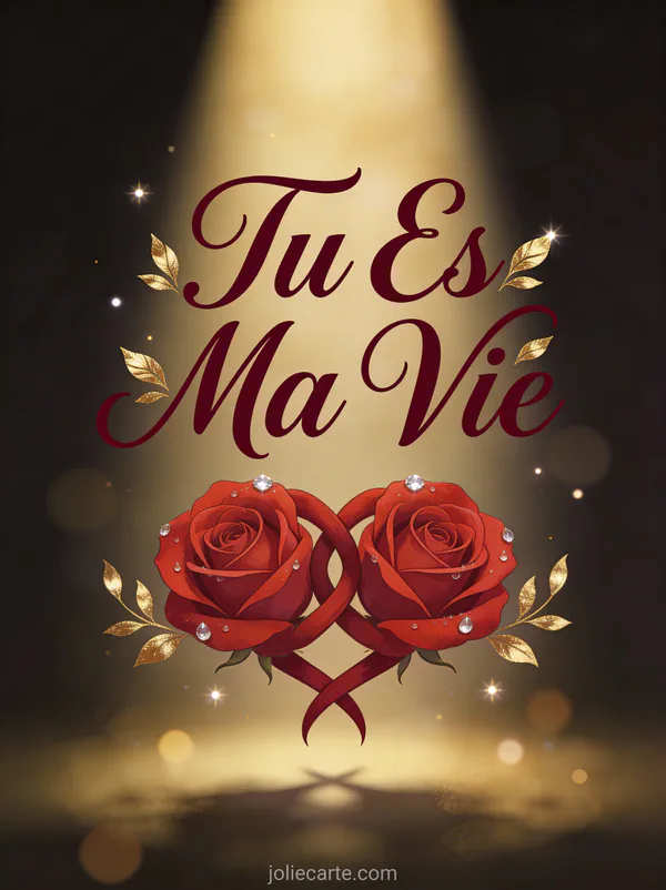 Deux roses rouges entrelacées formant un cœur avec gouttes de rosée sur fond sombre avec le texte Tu Es Ma Vie