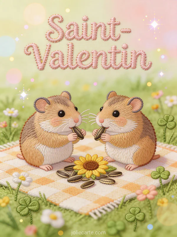 Deux hamsters partageant des graines de tournesol parmi les fleurs sauvages et texte Saint-Valentin