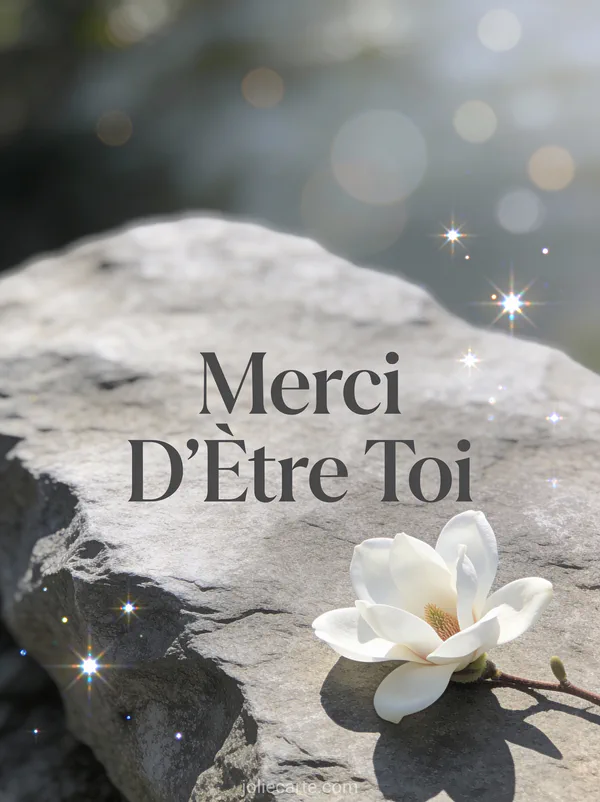 Magnolia blanc sur surface en pierre grise brute ambiance zen minimaliste texte Merci D'Être Toi gris foncé