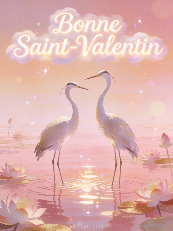 Deux hérons gracieux dans eau rose à l'aube avec lotus et texte Bonne Saint-Valentin