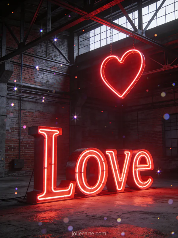 Lettres Love géantes en néon rouge dans loft industriel avec briques et cœur néon texte lumineux