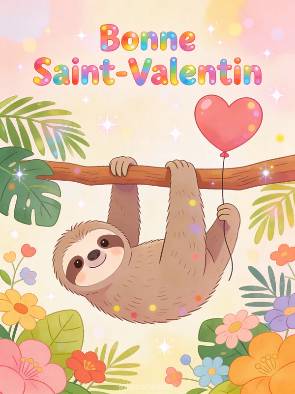 Paresseux mignon suspendu à une branche avec ballon cœur et feuilles tropicales et texte Bonne Saint-Valentin
